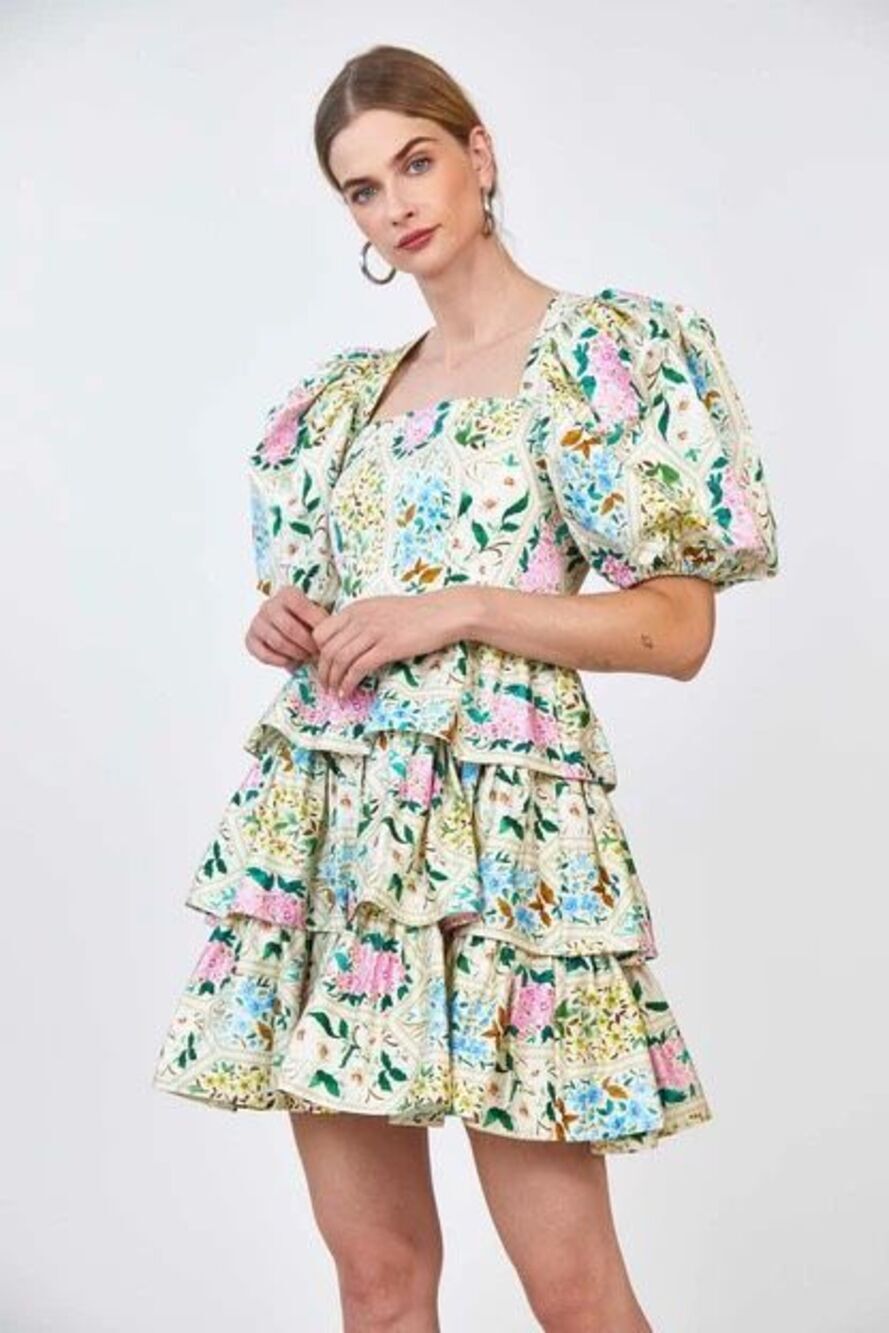 Hunter Bell Porter Tiered Ruffle Mini Dress in Floral Tile Size 4
